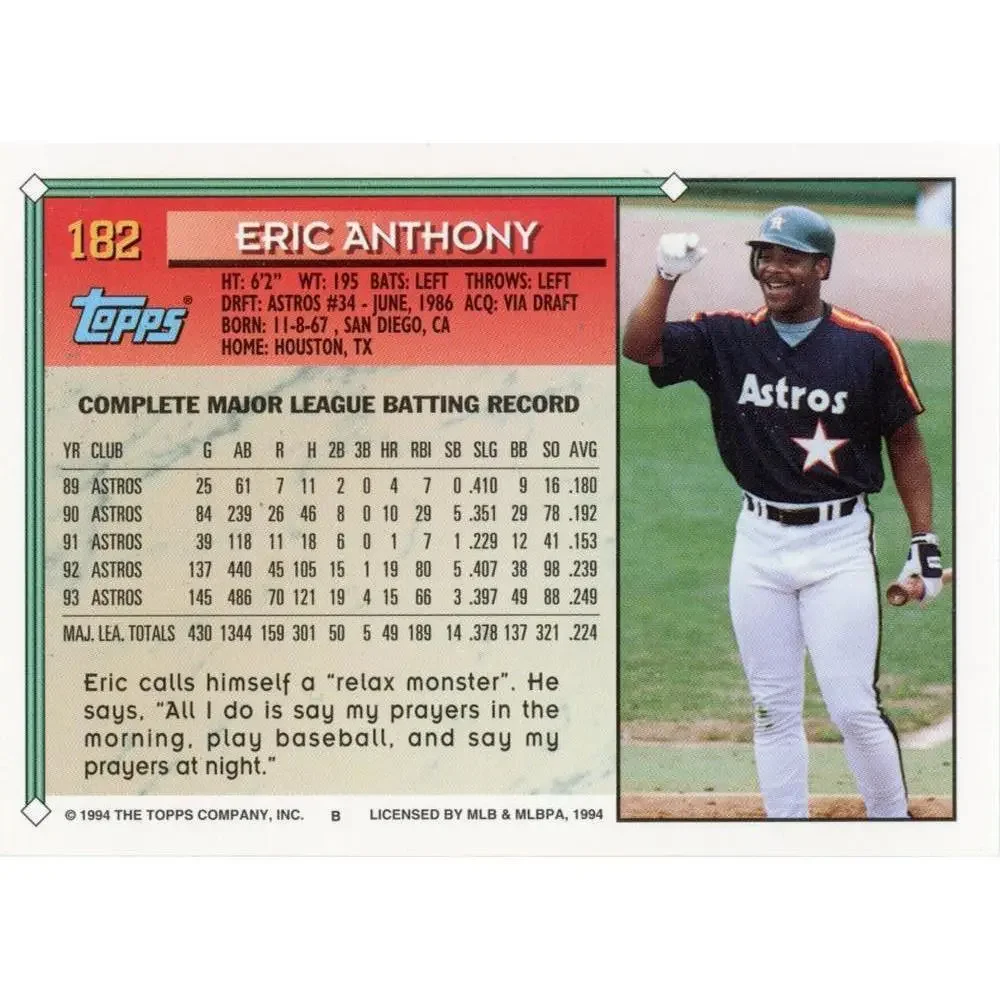 1994 Topps Eric Anthony # 182 Houston Astros